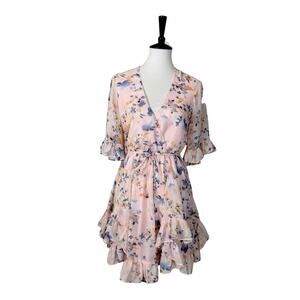 One and Only Collective Floral Wrap Dress Ruffle Mini Boho Size XS Pink Blue